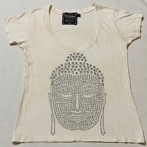 Iconic Couture Hand-Crafted S/S Cream Tie-Dye Embroidered Studded Buddha Tee - L